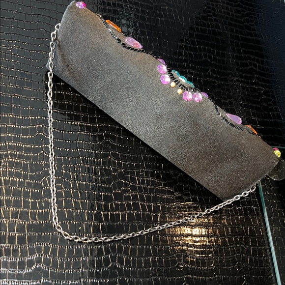 💎 Multi-Color Gemstone & Artisan Beaded Black Satin Evening Clutch 💎 - Picture 7 of 13